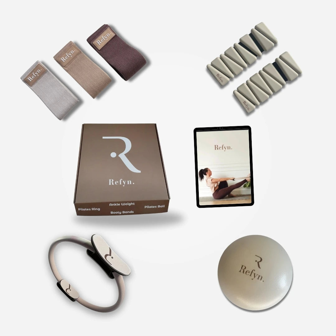 Kit pilates complet avec balle, anneau, bandes de résistance et poids et vidéos guidées pour faire du pilates à la maison. Ventre plat et engagement périné. 